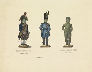 Manneken Pis i olika kläder, 1817 Manneken-Pis. Grand outfit. Manneken-Pis. Petite outfit (titel på objekt) av Anonymous