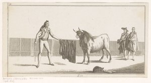 Matador utmanar en tjur Coleccion de las principales suertes de una corrida de toros (serietitel på objekt) Samling av de viktigaste tjurfäktningsmanövrarna (serietitel) av Anonymous