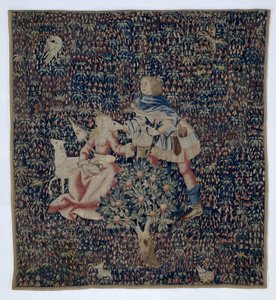 Millefleurs med herde och herdinna (fragment) av Anonymous