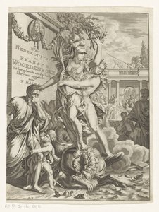 Minerva trampar eldsprängande sjöodjur Ny lågtyska och franska ordbok (titel på objekt) Titelsida för: François Halma, Dictionary of Dutch and French Languages, 1710 av Anonymous