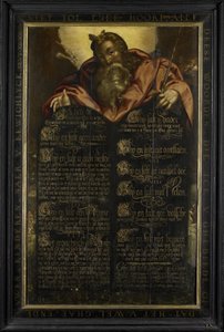 Moses visar lagens tabeller med de tio budorden i kalligrafi av Anonymous