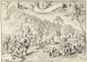 Designritning för trycket Greed försöker ta över Fortuna, 1720 The Great Scene of Folly (serietitel) av Anonymous