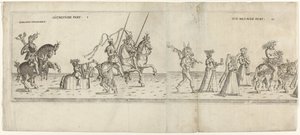 Parad med utklädda karaktärer, inklusive ryttaren Bernhart von Ahren, en åsna med spott, Janus, Bacchus på en åsna och två musiker Die neunde del I och II (titel på objekt) Festlig procession med August, kurfursten av Sachsen, klädd som en bonde ( av Anonymous