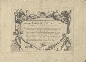 Ornamenteel cartouche met aan de schilder Francesco Crescenzi Hästen, där alla typer av adelsmän: beteendet hos hästar som skiljer sig från olika delar av världen utvalda (...) (serietitel på objekt) av Anonymous