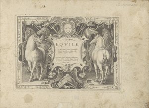 Ornamenteel cartouche met titel geflankeerd genom paarden Hästen, där alla typer av adelsmän: beteendet hos hästar som skiljer sig från olika delar av världen utvalda (...) (serietitel på objekt) av Anonymous