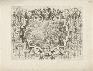 Ornament Ram med scrollwork och figurer, i vilket landskap med den barmhärtige samariten av Anonymous