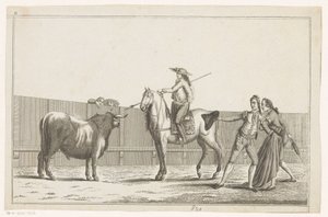 Picador riktar sin lans mot en tjur Coleccion de las principales suertes de una corrida de toros (serietitel på objekt) Samling av de viktigaste manövrarna inom tjurfäktning (serietitel) av Anonymous