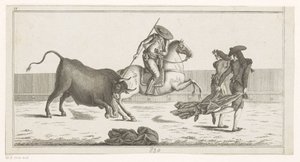 Picador kastar sin lans i en tjur Coleccion de las principales suertes de una corrida de toros (serietitel på objekt) Samling av de viktigaste manövrarna inom tjurfäktning (serietitel) av Anonymous