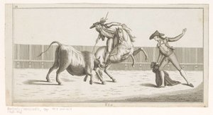 Picador sticker sin lans i en tjur Coleccion de las principales suertes de una corrida de toros (serietitel på objekt) Samling av de viktigaste tjurfäktningsmanövrarna (serietitel) av Anonymous
