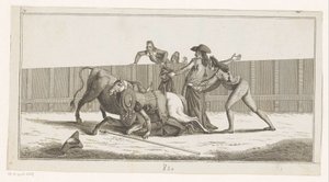 Picador ramlade av sin häst Coleccion de las principales suertes de una corrida de toros (serietitel på objekt) Samling av de viktigaste tjurfäktningsmanövrarna (serietitel) av Anonymous