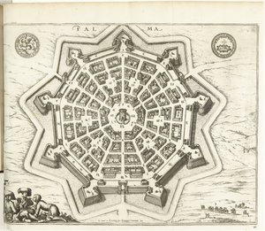 Plattegrond av Palmanova, 1726 Palma (titel på objekt) The Forces of Europe, Asia, Africa and America (...) Liksom kartorna över Frankrikes och Spaniens kuster (serietitel på objekt) av Anonymous
