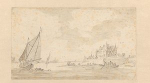 Flodlandskap med slott (Loevestein?) av Anonymous
