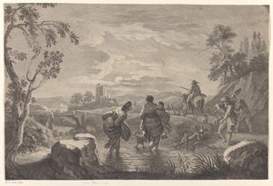 Flodlandskap med korsande figurer av Anonymous