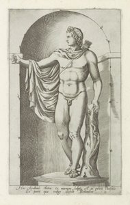 Skulptur av Apollon Apollo Belvedere Denna staty av Apollo ristades ur marmor i det påvliga palatset (...) (titel på objektet) Antika skulpturer i Rom (serietitel) Ikoner av de antika statyerna av staden Rom som ses på offentliga platser (serie t av Anonymous
