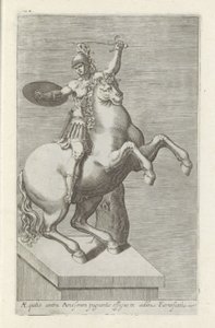 Sculptuur van een Romainse soldaat te paard Equites mot Amos (...) (titel på objekt) Antika skulpturer i Rom (serietitel) Ikoner av de antika statyerna av staden Rom som ses på offentliga platser (serietitel) av Anonymous