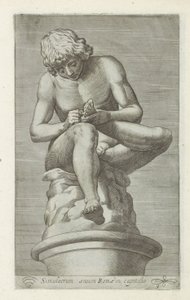 Skulptur av en jongen med en dörr i foten Ryggrad Brons simulacrum av Rom i huvudstaden (titel på objekt) Antika skulpturer i Rom (serietitel) Ikoner av de antika statyerna av staden Rom som ses på offentliga platser (serietitel) av Anonymous