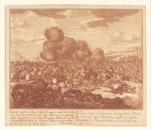 Strid mellan kejserliga trupper och spanjorerna på Sicilien, juni 1719 Bataille mellan Keyserlijke Troupen under kontroll av general Graaf van Mercy, och spanjorerna under kontroll av markis de Leede (...) (titel på objekt) av Anonymous