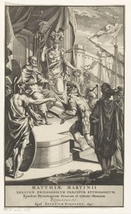 Soldat ger en bok till kungen Titelsida för: Matthias Martinius, Lexicon philologicum praecipuae etymologicum, 1697 av Anonymous