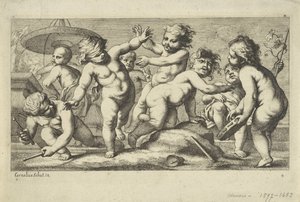 Putti leker vid en fontän Spelar putti (serietitel) av Anonymous