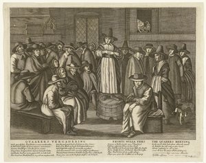 Tecknad film om de engelska kväkarna, ca 1656 Quaaker Meeting / Fronti Nulla Fides / The Quakers Meeting (titel på objekt) av Anonymous