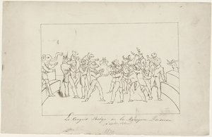 Tecknad serie som skildrar oenigheten i den belgiska nationalkongressen om valet av en kung, 1831 Le Congress Belge ou la Menagerie en désordre. (d