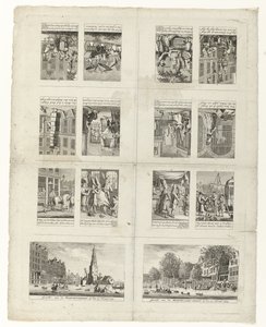 Tecknade filmer om mode och två vyer av Amsterdam under översvämningarna 1775 av Anonymous