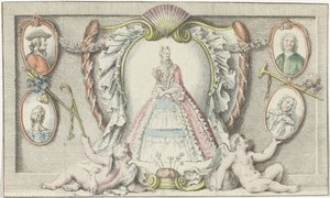 Stående kvinna, två putti och fyra medaljonger Utformar 1730-talet Mercure de France (serietitel) av Anonymous