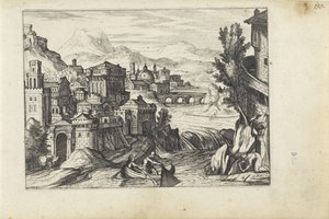Stad vid en flod Landskap med figurer (serietitel) av Anonymous