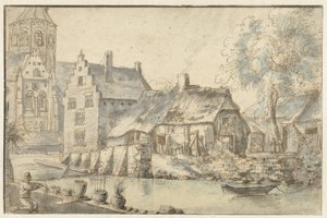 Stadsbild med en stor kyrka av Anonymous