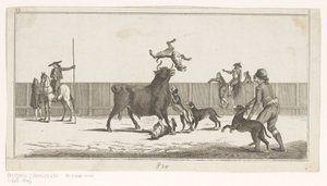 Tjur attackerad av hundar Coleccion de las principales suertes de una corrida de toros (serietitel på objekt) Samling av de viktigaste tjurfäktningsmanövrarna (serietitel) av Anonymous