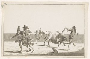 Oxen utmanas med banderillas Coleccion de las principales suertes de una corrida de toros (serietitel på objekt) Samling av de viktigaste tjurfäktningsmanövrarna (serietitel) av Anonymous
