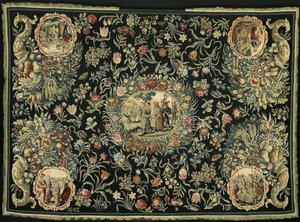 Duk med Josefs historia och ett blommönster av Anonymous