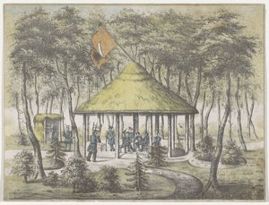 Tempel och trädgård i Boekel, 1831 Utsikt över templet och trädgården vid Boekel. Uppförd och konstruerad av pliktmilisen i staden Groningen. Som ett erkännande av det vänliga välkomnandet den 23 juni 1831 till sällskapets medlemmar som ett minne av Anonymous