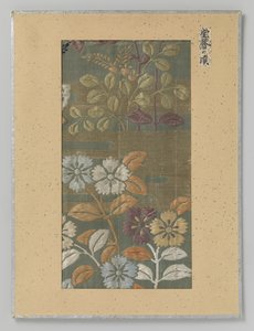 Textilfragment, broderi av blommor och moln i kirikane guldtråd av Anonymous