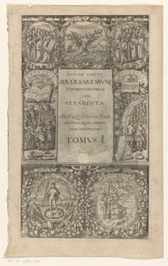 Titel met rondom zeven cartouches Motståndarnas kommentarer, sextio böcker, volym I (titel på objekt) Titelsida för: Caspar von Barth, Adversariorum commentariorum libri LX, 1624 av Anonymous