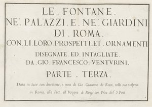 Titeltryck med inramad titel Le fontane ne palazzi e ne giardini di Roma (serietitel) Fontäner i Roms palats och trädgårdar (serietitel) av Anonymous