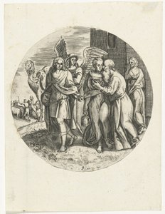 Tobias och Sara tar farväl av Raguel och hans fru Story of Tobias (serietitel) av Anonymous
