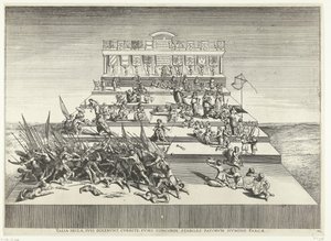 Toneelvoorstelling over oorlog en vrede; intocht van Ferdinand te Gent 1635 (nr 42) Sådana århundraden, sa de till sina egna, springa, med spindlar i harmoni, stabila, skonade av ödets gud (titel på objektet) Genethliacon Theatre of Charles V av Anonymous