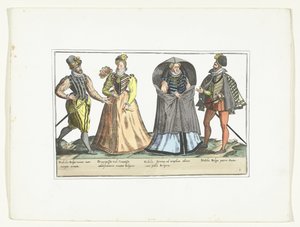 Två män och två kvinnor klädde sig enligt modet i Nederländerna, ca 1580 Costumes civils des Pays-Bas (titel på objekt) av Anonymous