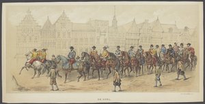 Utrechts maskerad, skylt a: adeln, 1856 Adeln. (titel på objekt) The Founders of Dutch Freedom, (tid av William I) presenterad av H.H. medlemmar av Utrecht studentkår, för att fira 220-årsjubileet av Utrechtsche Hooge av Anonymous