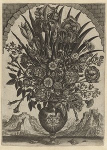 Vas med blommor i ett välvt fönster av Anonymous