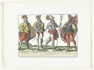 Fyra spanska soldater i uniform, ca 1580 Dräkter militära Espagnols (titel på objekt) av Anonymous