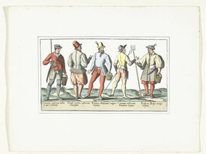Fyra bönder klädda enligt dagens mode och en enligt gammalt mode, ca 1580 Modes rustiques (titel på objekt) av Anonymous
