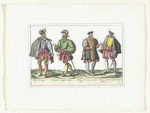 Fyra män klädda enligt tyskt mode, ca 1580 Kostymer Allemands (titel på objekt) av Anonymous