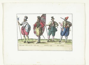 Fyra soldater i uniform enligt mode i Nederländerna och England, ca 1580 Costumes Militaires des Pays-Bas (titel på objekt) av Anonymous