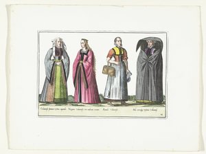 Fyra kvinnor klädda i tyskt mode, ca 1580 Kostymer Allemands (titel på objekt) av Anonymous
