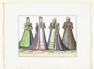 Fyra kvinnor klädda i tyskt mode i Augsburg, ca 1580 Kostymer Allemands (titel på objekt) av Anonymous