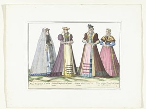 Fyra kvinnor klädda enligt tyskt mode i Frankfurt, ca 1580 Kostymer Allemands (titel på objekt) av Anonymous