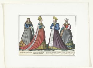 Fyra kvinnor klädda i tyskt mode i Nürnberg, ca 1580 Kostymer Allemands (titel på objekt) av Anonymous