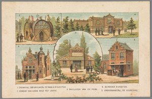 Fem paviljonger på världsutställningen i Amsterdam, 1883 1 Dryckeshall på bryggeriet De Haan & De Sleutels. 2 Byggnad av Lucas Bols - Het Loosie. 3 Tryck på Paviljong. 4 Konst. 5 De Voorzorg brödbageri. (titel på objekt) Påminnelse aa av Anonymous